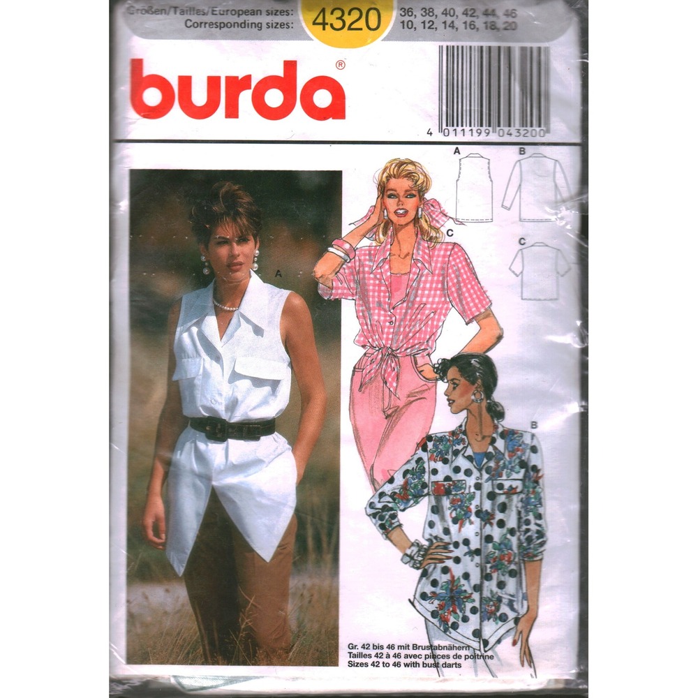 Vintage Burda 4320 Misses Shirt Blouse Sewing Pattern Size 10-20 Sleeveless Tie